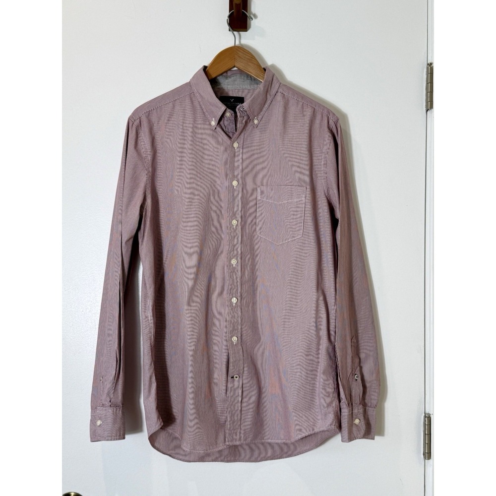 American Eagle Button Down Shirt Striped Burgundy Cotton Mens Medium Tall MT